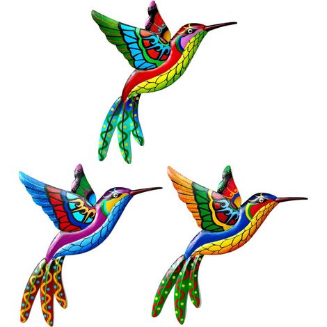 Lot de 3 décorations murales en Forme de Colibri en Fer forgé - Décoration Murale à Suspendre pour intérieur ou extérieur, Jardin, Cour, Patio, clôture - Orange, Jaune, Bleu (1/5)