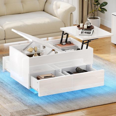 Table Basse Relevable avec Plateau Relevable, Table de Salon à LED, Haute Brillance Moderne, avec Rangement Compartiment Caché et 4 Tiroirs, Blanc, 80 x 55 x 46 cm (1/5)