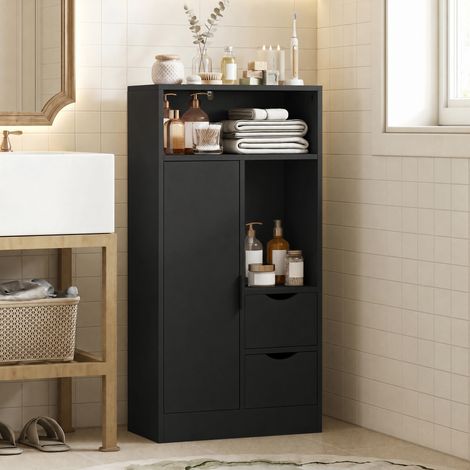 Meuble de salle de bain, meuble de rangement étroit avec 2 tiroirs, compartiments ouverts, 50x25x100cm, noir (1/5)