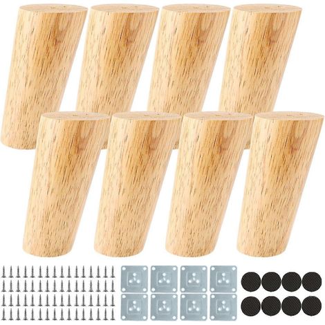Ensemble de 8 pieds de meubles, pieds de meubles biseautés en bois, 10 cm, avec plaque de montage, vis, patins en feutre, pieds de table, adaptés aux canapés, fauteuils et autres meubles. (1/5)