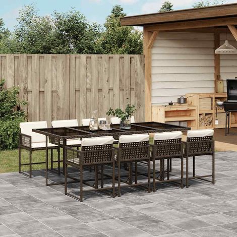 9-tlg. Garten-Essgruppe mit Kissen Braun Poly Rattan (1/5)
