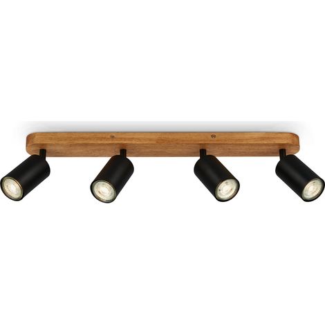 Plafonnier LED rétro avec bois, luminaire plafonnier vintage à 4 flammes, Éclairage de Plafond, 4x GU10 douille, spot LED orientable, spot de plafond rustique, noir-bois, 550x60x85 mm (1/5)