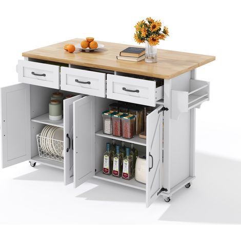 Îlot de cuisine à plateau rabattable avec 4 portes, 3 tiroirs, roulettes freinées et rangements doubles, blanc et bois clair, 140x43(70)x90,5 cm - CHICFURN (1/5)