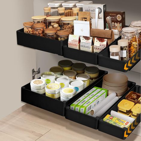 Lot de 3 Tiroirs Coulissants Cuisine, 3 Tailles Tiroir Coulissant Placard, Rangement Coulissant Placard Cuisine, Plateau Coulissant, Montage Vis/Adhésif (1/5)