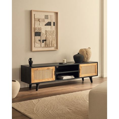 Noma - Meuble TV en bois, cannage et métal noir (1/5)