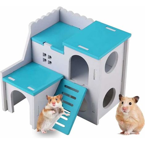 Maison en Bois pour Hamster,Cabane pour Petit Animal de se Cacher, Équipé de l’échelle, Cabane de Deux Étages pour Hamster, Chinchilla, Chat, Gerbille et Souris (Bleu) (1/5)
