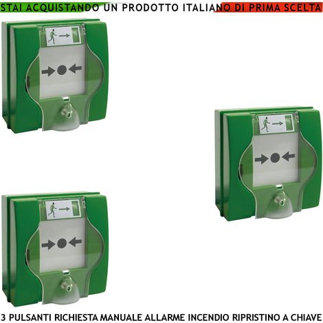 PULSANTI EMERGENZA ROTTURA VETRO 3 PEZZI VERDI INTERVENTO PER INCENDIO RIPRISTINO A CHIAVE SBLOCCA PORTE REI EN 54-11 CPD (1/4)