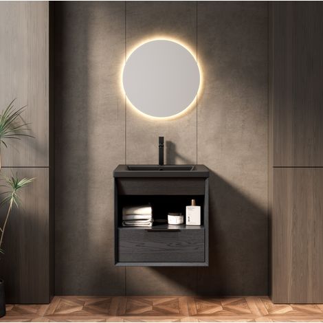 Mueble de baño suspendido 51 cm con lavabo integrado de cerámica negra, 1 cajón y estante abierto, roble oscuro (1/5)