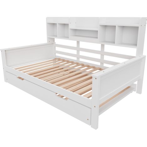 Letto multifunzione in legno bianco 90 x 200 cm con letto estraibile, vani e rete a doghe (1/5)