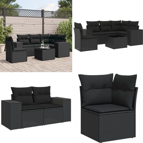 6-tlg. Garten-Sofagarnitur mit Kissen Schwarz Poly Rattan - Gartenmöbel Set - PE-Rattan Möbel - Outdoor Lounge - Esstisch Set - Balkonmöbel - Home & Living (1/5)