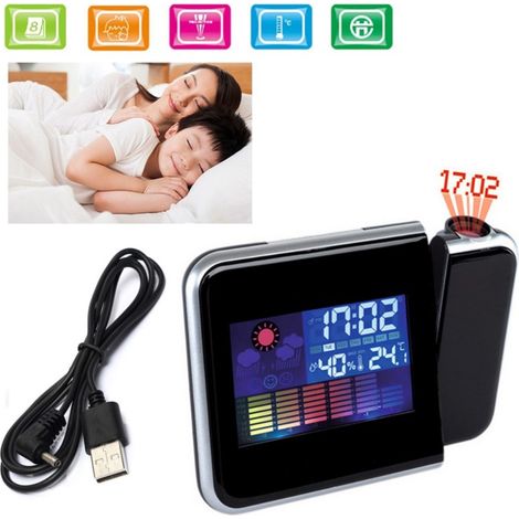 Réveil projecteur numérique orientable à 180° avec station météo, affichage couleur LED de la température et de l'humidité, et calendrier perpétuel. (1/5)