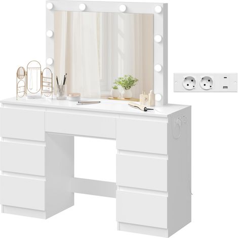 Coiffeuse avec Miroir LED WOLTU - Luminosité Réglable - Table de Maquillage avec Multiprise - 7 Tiroirs - 110x39,5x140,5 cm - Blanc (1/5)