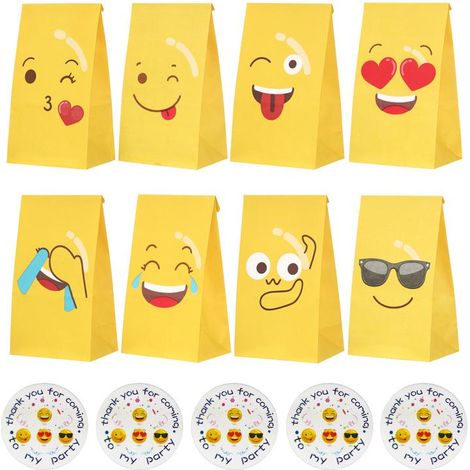 Sachets à bonbons Emoji (24 pièces), sachets cadeaux en papier avec 24 autocollants, petits sachets à bonbons d'anniversaire, sachets cadeaux en papier avec 8 motifs, pour emballage, biscuits, fudge, (1/5)