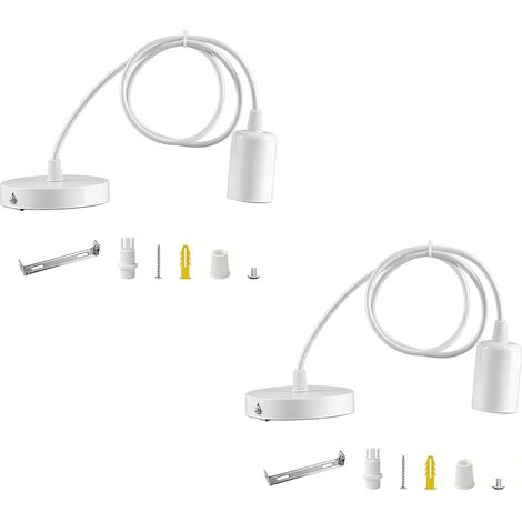 2 Piece E27 Pendant Light Complete Kit with Adjustable Cable 100 cm, White Metal Socket for Hanging Lamp, Suitable for Living Room, Kitchen, Bedroom, DIY Pendant Light (1/5)