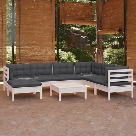 Salon de jardin 8 pcs Ensemble Table et Chaise de Jardin - avec coussins Blanc Bois de pin solide BV162390 - BonneVie (1/5)