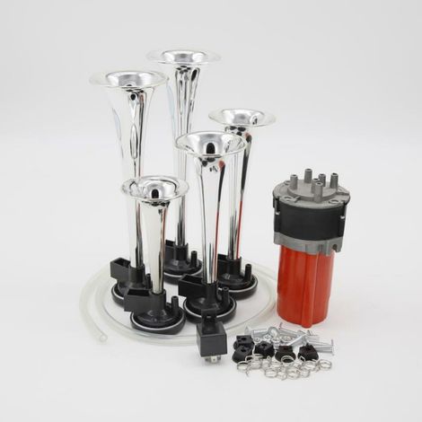Klaxon de camion Air Horn 150db Car Horn klaxon de musical 5 trompettes voiture de musique klaxons d'air avec rouge compresseur klaxon automatique pour tous 12V camions trains bateaux cars (1/5)