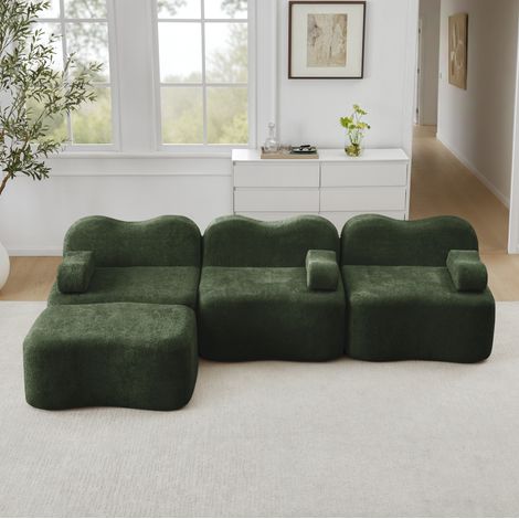 Canapé de esquina modular 3 plazas de terciopelo verde con otomana, asiento profundo y cojín reposabrazos móvil (1/5)
