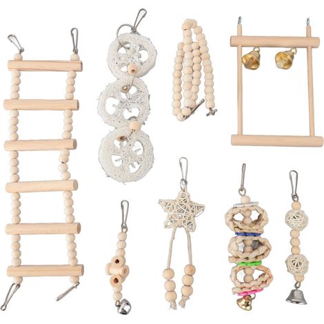 Parrot Chew Toy Set, Hanging Bell, Bird Cage, Climbing Ladder, Chew Toys, Wood Shredder, Food Forager, 8 Pieces (1/5)