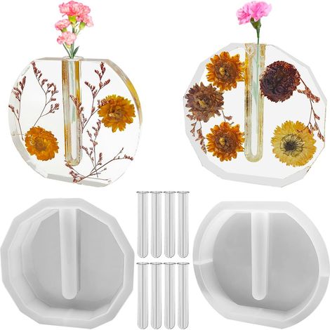 Moules à vases en silicone grand format (2 pièces) – Polygonal et elliptique – Incluant 8 tubes pour culture hydroponique et décoration (1/4)