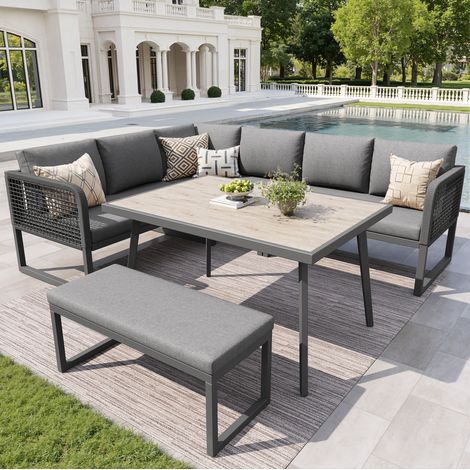 OKMYHOME Gartenmöbel-Set aus PE-Rattan in Grau mit Tisch und Kissen (1/5)