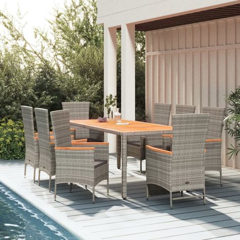 9-tlg. Garten-Essgruppe mit Kissen Grau Poly Rattan (1/5)