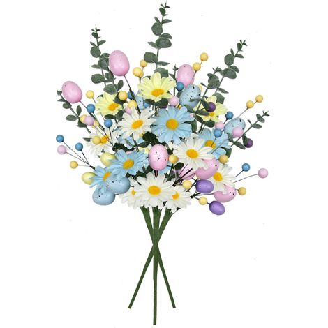 Bouquet de fleurs artificielles de Pâques (3 pièces) : décoré d'œufs de couleur claire et de baies, fleurs artificielles en plastique pour décoration intérieure et centres de table de fête (1/5)