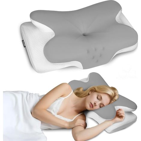 Oreiller Ergonomique Cervical Oreiller Memoire Forme pour la Nuque,pour Dormir sur Le côté,Le Dos et Le Ventre(Gris Clair Quatre Coins) (1/5)