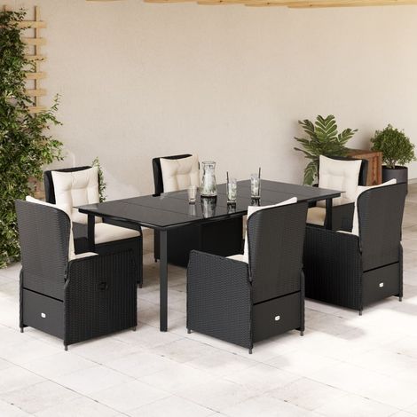 Ensemble de Jardin 7 Pièces avec Coussins - Table Verre et Chaises Résine Tressée Noire - 6 Chaises inclinables et Table 200x100 cm (1/5)