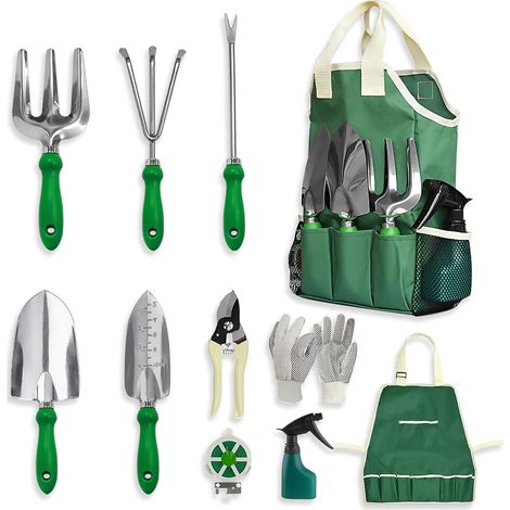 Ensemble d'outils de jardin 11 pièces, comprenant un sac de transport, un tablier, une pelle et des accessoires. En acier inoxydable, robuste