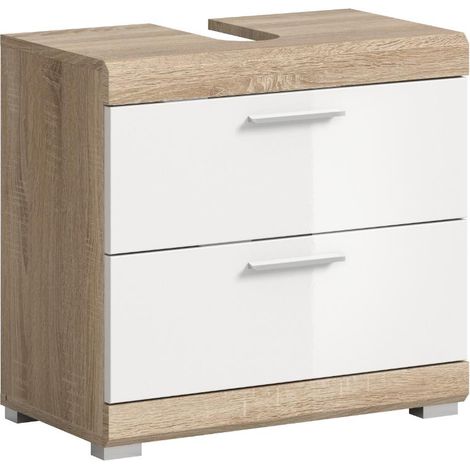 Lambada Waschbeckenunterschrank 2 Türen, 2 Schubladen, 2 Regale Weiß hochglanz, Eiche Dekor.