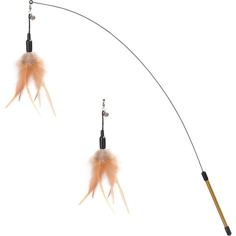 Jeu pour Chat, Canne à Pêche avec Une Baguette Extra Large de 88cm et Une Petite Clochette, Jouet Plumeau à Plumes pour Chat Chaton, Bâton Jouet Fil Chaser, Plume Brune (1/5)
