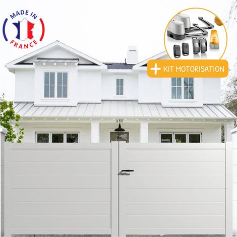 Portail aluminium battant plein en kit + Motorisation dimensions L.3500 (entre piliers) X H.1900 mm LOCKYVIA (à bras) Couleurs Blanc (RAL 9010) (1/2)