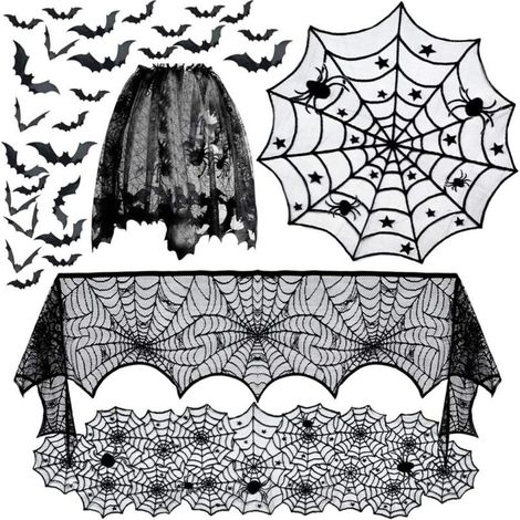 Ensemble de décoration d'Halloween 4 pièces : nappe toile d'araignée, set de table, abat-jour - décoration pour fête d'Halloween. (1/5)