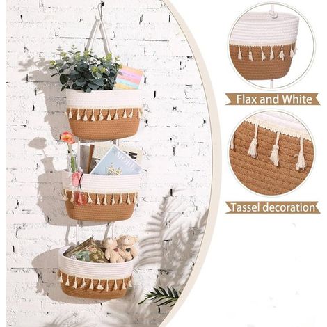 Panier à fruits suspendu à 3 niveaux, sac de rangement mural en coton, 23 x 14 x 73 cm, pour chambre d'enfant, salon, salle de bain et comme élément de décoration (1/5)