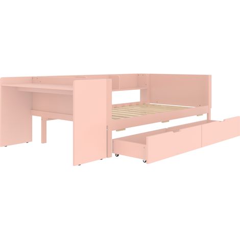 Cama individual 90x200 cm con escritorio, 2 cajones y estanterías, pino y aglomerado, rosa (1/5)