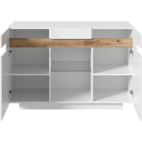 Aparador LED blanco y madera natural 120 x 40 x 80 cm con 4 compartimentos (1/5)