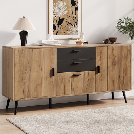 Credenza da soggiorno con 2 cassetti e 3 ante con ripiani, mobile contenitore 140x35x67 cm, MDF nero e finitura legno (1/5)