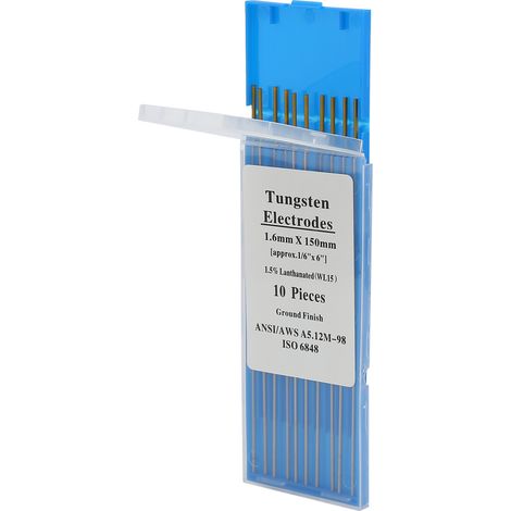 Lot de 10 électrodes TIG en tungstène au lanthane WL15, 1,6 mm x 150 mm, pour soudage d'acier et alliages métalliques. (1/5)