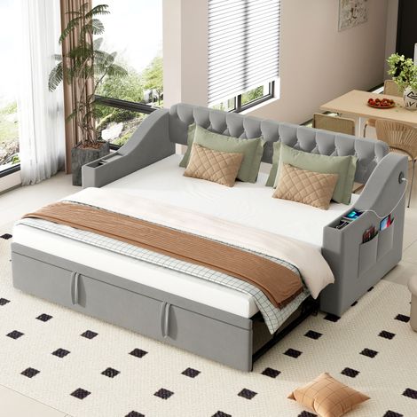 Schlafsofa 90x190 cm Mit Ausziehbarem Gestell, Grauer Veloursstoff (1/5)