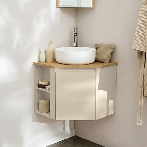 Meuble sous vasque d'angle SORRENTO avec vasque blanche et robinet (1/5)
