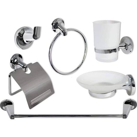 Set Bagno Moderno in Acciaio Cromato e Vetro Satinato Opaco 6 Pezzi Accessori arredo Bagno