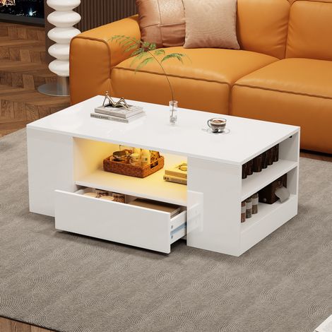 Mesa de centro de aglomerado blanco brillo 95 cm con 2 cajones, 2 estantes y LED USB (1/5)
