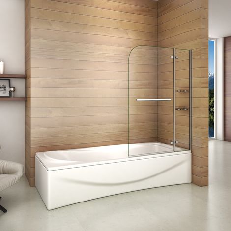 Aica Sanitaire – Pare-baignoire 120x140cm – Paroi de douche pivotante 90° – Verre securit 5mm – Porte-serviette inox avec étagères en verre (1/5)