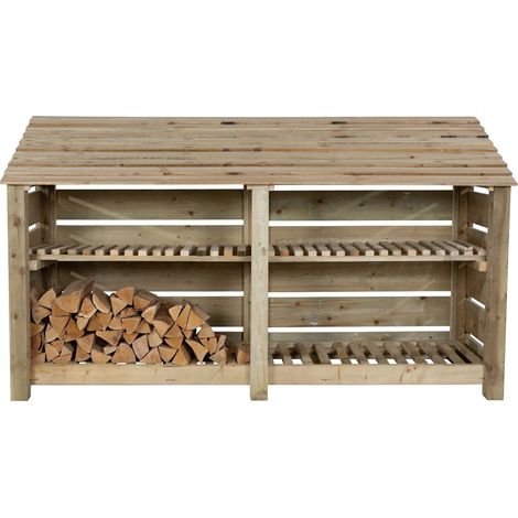 Slatted wooden log store with kindling shelf W-227cm, H-126cm, D-88cm - natural (light green) finish
