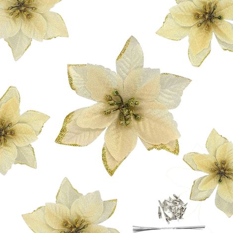 Poinsettia Artificielle - Fleur En Soie Dorée Et Rouge Avec Paillettes - Diamètre 13 Cm - Pour Décoration De Sapin De Noël, Couronne Et Guirlande - Lot De 12 Pièces (1/5)