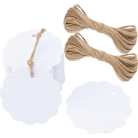 100PCS Étiquette Papier Kraft,6x6cm Étiquettes Cadeau Blanc  Etiquettes Kraft Ronde à Bord Ondulé avec Ficelle 20m,pour Emballage cadeau,Mariage,Noël,Anniversaire,Communion et DIY