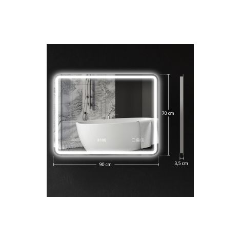 Espejo de baño LED 70x90 cm con Bluetooth, reloj, tacto, antivaho, 3 colores, plata (1/4)
