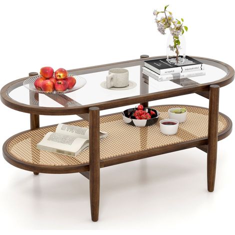 COSTWAY 2-Tier Coffee Table Rattan Center Cocktail Tea Table Tempered Glass Tabletop (1/5)