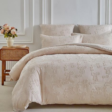 Bettwäsche-Set 220x240cm Mikrofaser mit Schleifenmuster, beige
