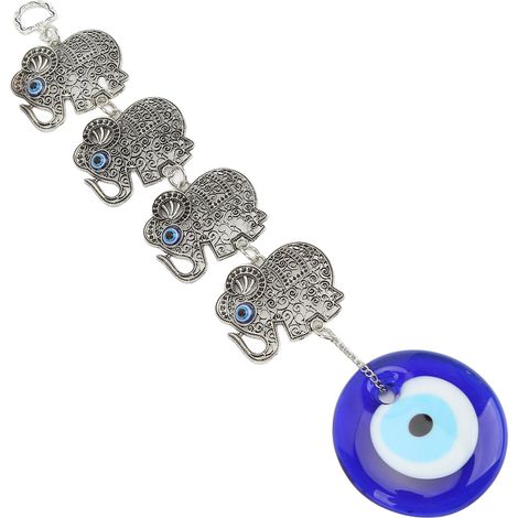 Ornement Œil Bleu 4 Éléphants Creux en Alliage, Suspension Porte-Bonheur Anti-Mauvais Œil, Décoratif Maison en Verre et Alliage (1/5)